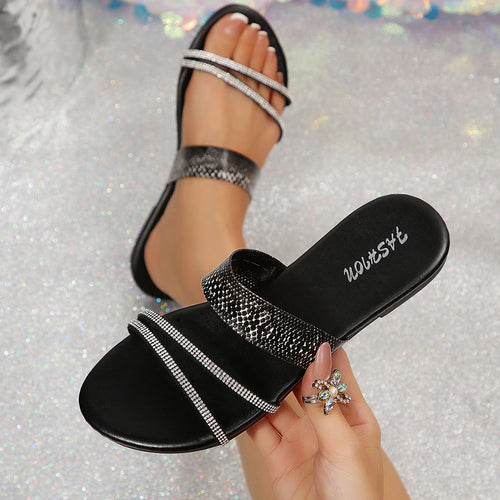 European and American cross-border women's shoes, export fashion slippers, elegant versatile python pattern decorative round-toe flat sandals