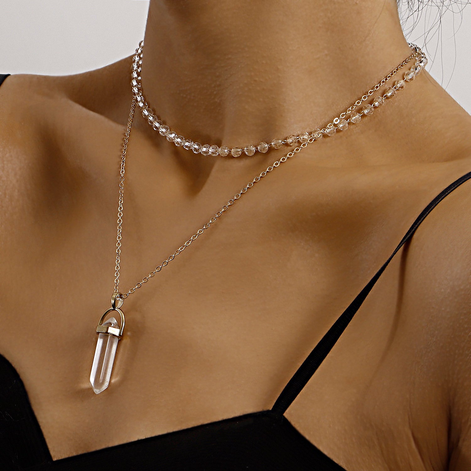 European and American cross-border jewelry fashion simple prismatic hexagonal column pendant necklace women's transparent glass bead chain necklace