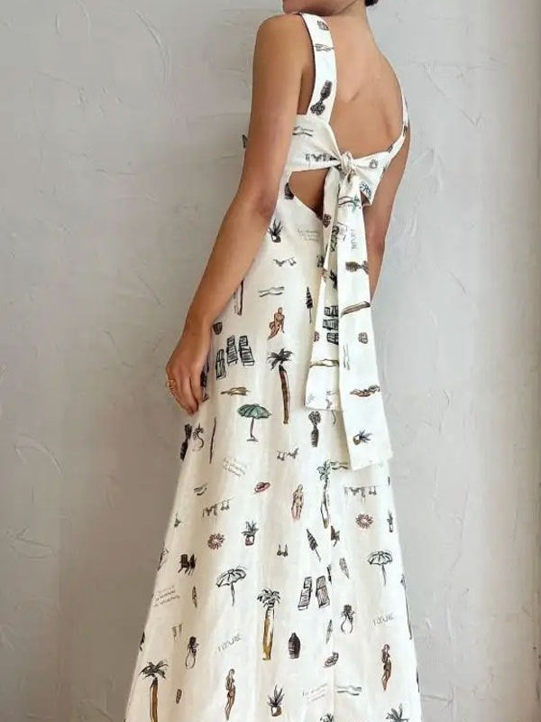 2026 AliExpress bow strap spring long skirt European and beautiful clothing print sexy backless camisole dress for women