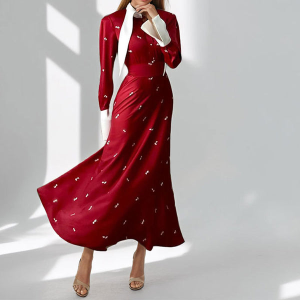 2026 spring new European and beautiful clothing temperament, elegant printed design, long skirt, lapel and large swing spring dress