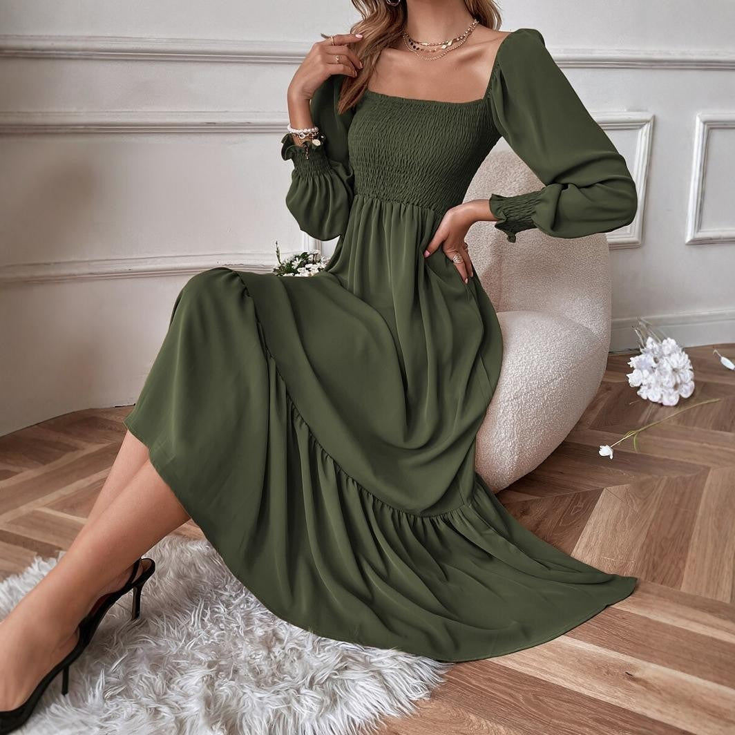 Cross-border, Europe and the United States, spring and autumn 2024, pullover, square neck, long sleeves, ruffled high-waisted, tight-fitting temperament, large swing dress