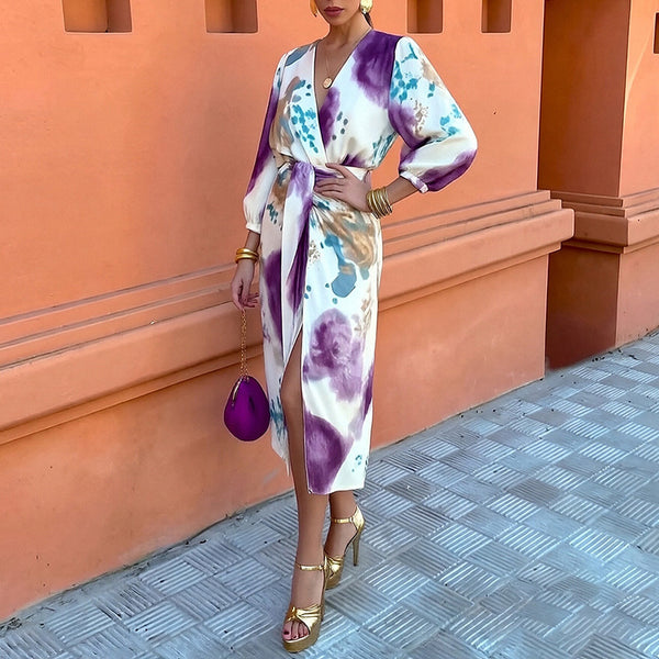 2026 spring new cross-border European and beautiful clothing temperament print chic V-neck long-sleeved mid-length skirt two-piece set for women - view 2 | Ciaura
