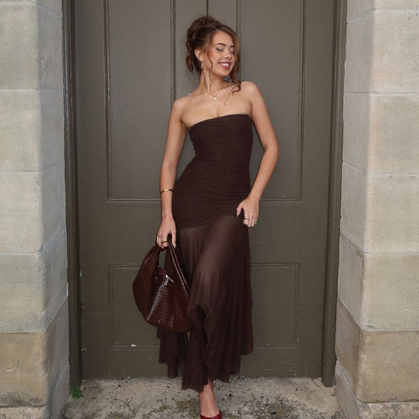 Cross-border spring and summer 2025 new European and American clothing sexy bandeau sleeveless pleated slim mesh patchwork dress for women