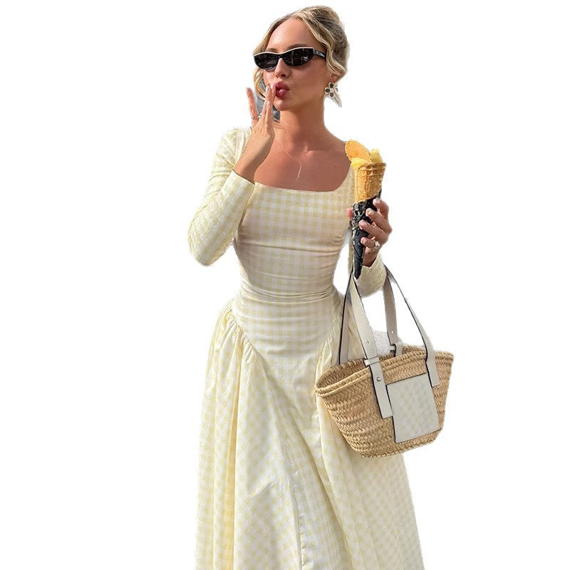 Foreign trade hot selling women's autumn and winter new French temperament plaid skirt fashion square neck waist swing long sleeve dress