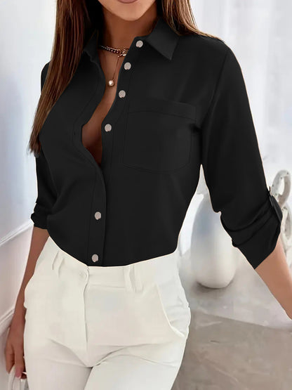 2025 New European and American Women's Cross-border European and American All-Season Versatile Metal Buckle Pocket Long-sleeve Turn-down Collar Shirt Top