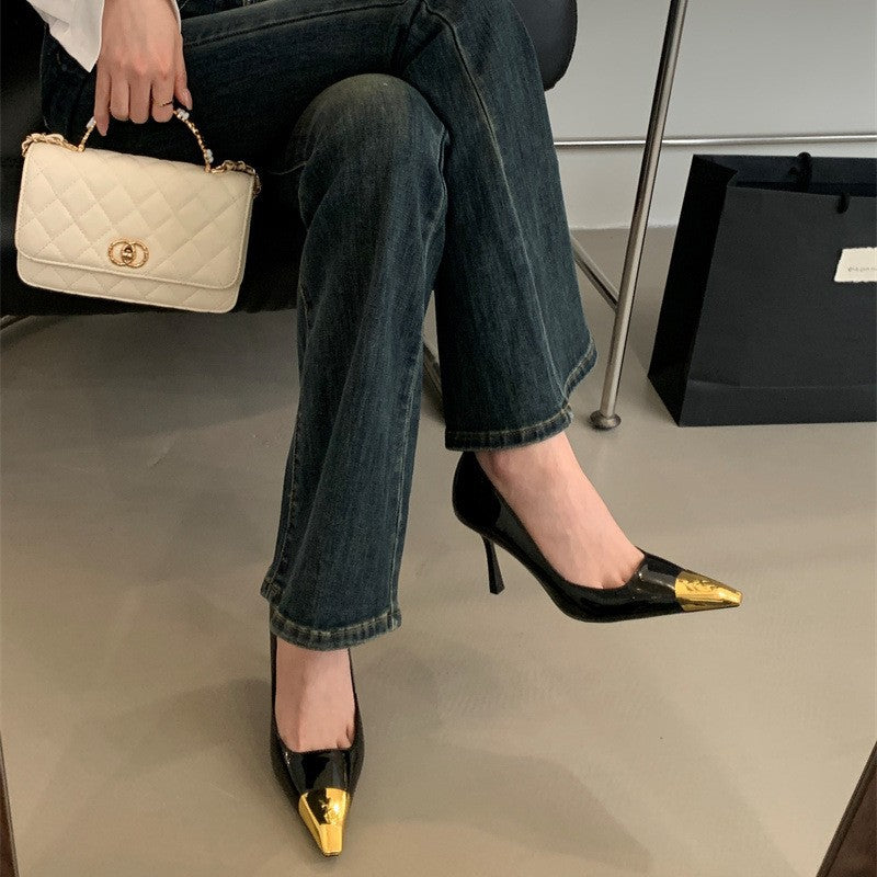 Spring 2026 European and American fashion thin heel pointed toe microfiber lining metal trim summer breathable super high heel women's single shoes