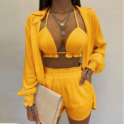 2026 Amazon AliExpress independent station new sexy European and beautiful solid color shorts fashion three-piece set