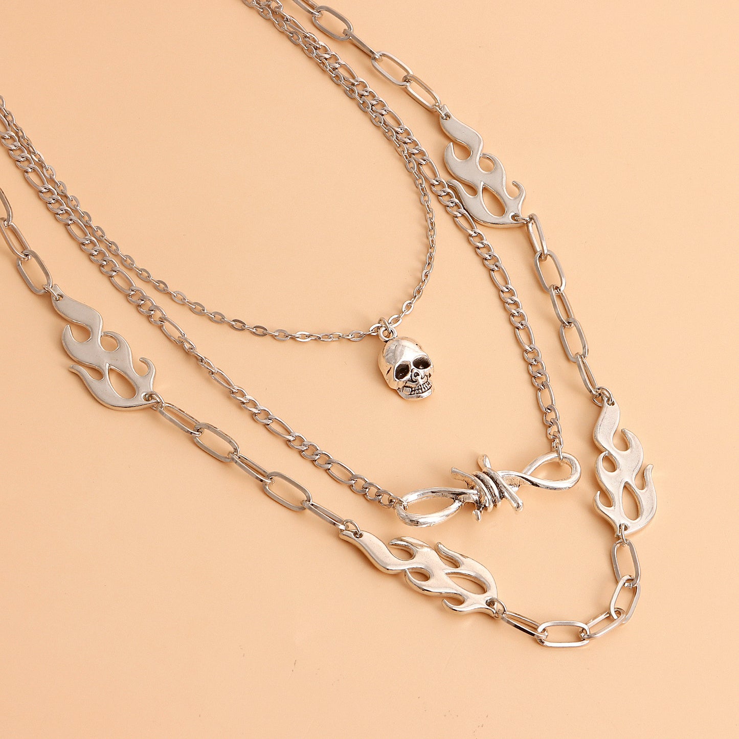 European and American cross-border jewelry, punk multi-layered flame shape, ins, metallic necklace, female skull, clavicle chain necklace