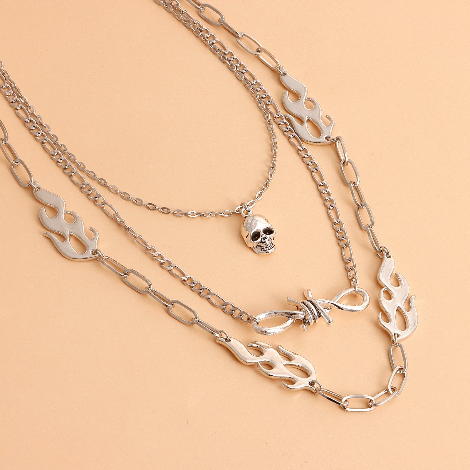 European and American cross-border jewelry, punk multi-layered flame shape, ins, metallic necklace, female skull, clavicle chain necklace