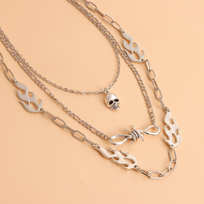 European and American cross-border jewelry, punk multi-layered flame shape, ins, metallic necklace, female skull, clavicle chain necklace