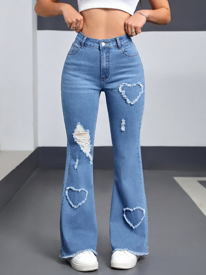 European and American women's jeans, stretch heart, pattern, ripped flared pants, fashionable casual pants, WOMEN JEANS