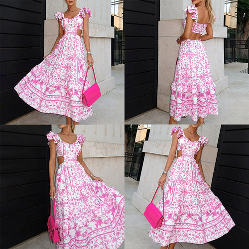 2026 AliExpress independent station cross-border new printed women's clothing temperament elegant hollow waist extra-long dress