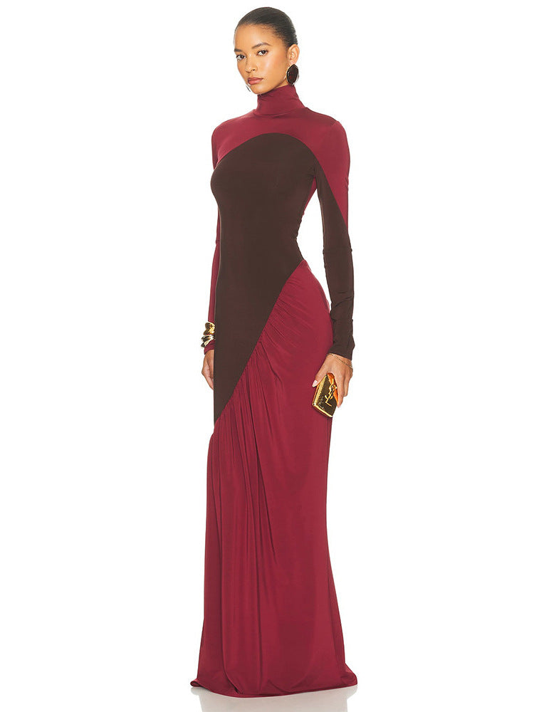 Foreign trade autumn and winter new European and beautiful fashion contrast splicing high neck long sleeve pleated slim hip dress for women