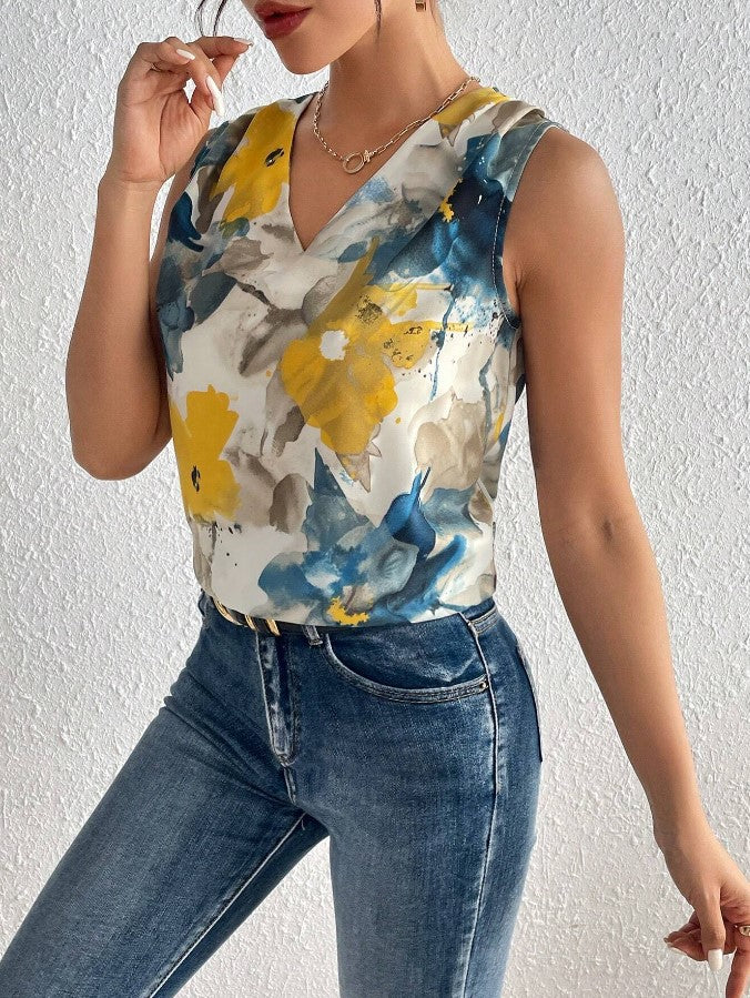 In stock European and American cross-border 2024 Amazon spring/summer new flower print V-neck sleeveless top