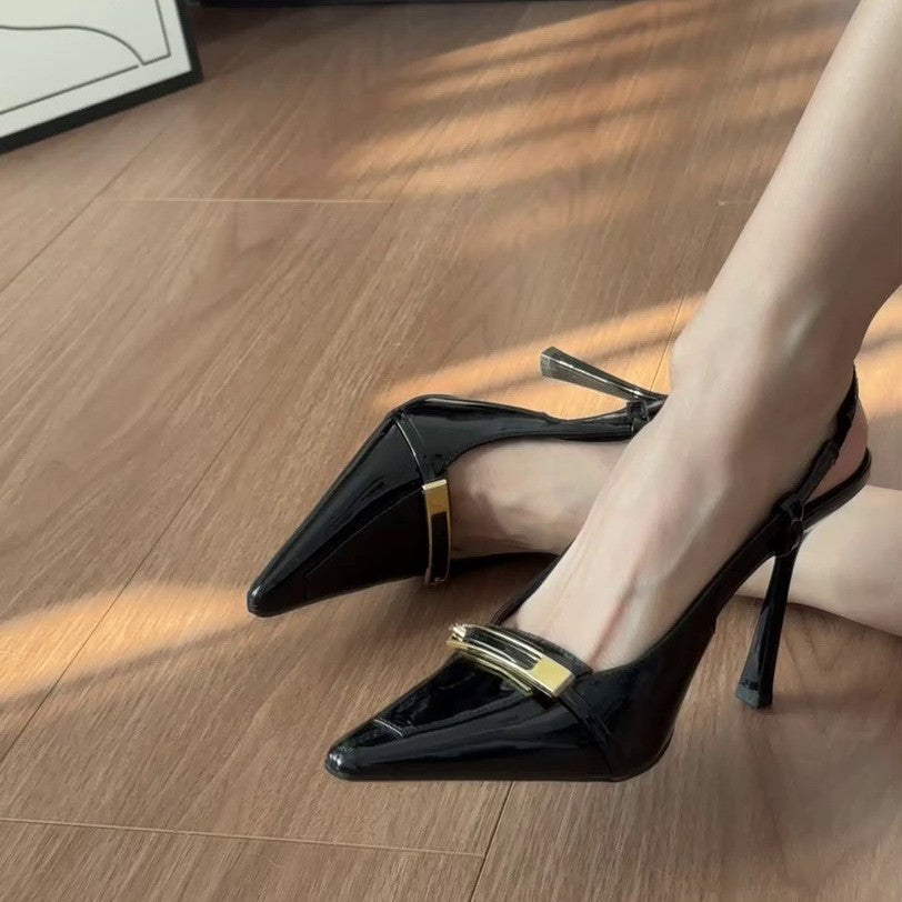 2026 Europe and America New Metal Buckle Pointed Heel Stiletto Sandals Patent Leather Sexy Back Empty Wrapped Women's Shoes for Commuting