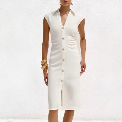 2025 summer new cross-border European and American style hot sale fashion trend versatile casual V-neck solid color breasted dress