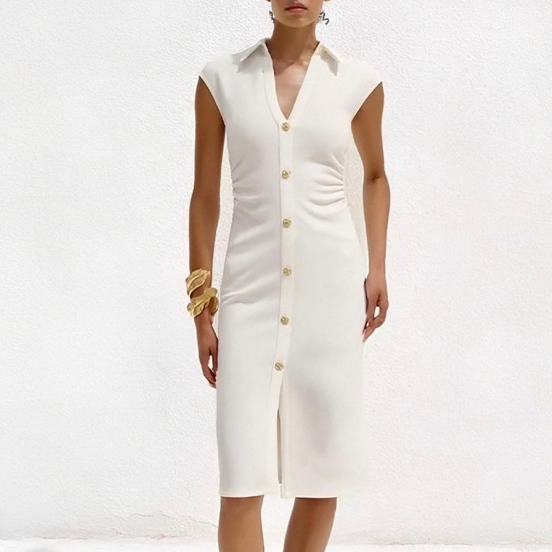 2025 summer new cross-border European and American style hot sale fashion trend versatile casual V-neck solid color breasted dress