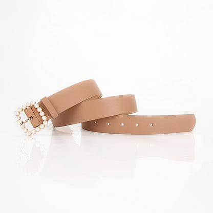The square-shaped buckle pearl belt is fashionable and versatile, and the sweet and cute women's belt is fashionable and elegant, and the outfit is matched