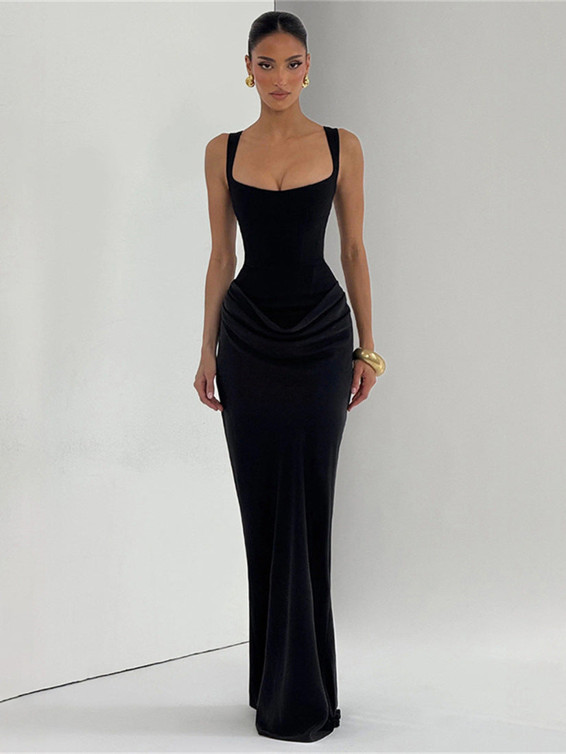 Foreign trade Europe and the United States autumn and winter new women's fashion solid color slim waist folds hip temperament suspender dress women