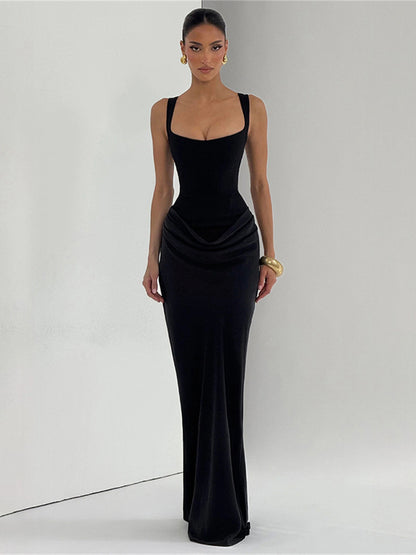 Foreign trade Europe and the United States autumn and winter new women's fashion solid color slim waist folds hip temperament suspender dress women