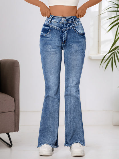 Cross-border, bootcut jeans women, elastic raw edge hip lifting high-waisted skinny wool horseshoe pants, double-breasted cotton