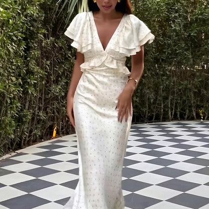 2025 summer new cross-border European and American fashion temperament elegant ruffled print V-neck slim waist dress