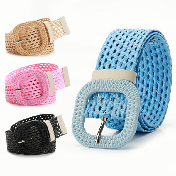 Summer candy color square buckle belt women's high-end sense Sensen women's PP grass woven women's belt versatile dress belt