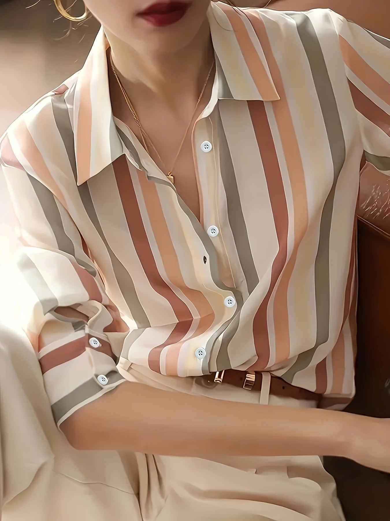 Cross-border foreign trade contrast temperament striped shirt women's 2024 spring summer new niche retro lapels are loose and slim