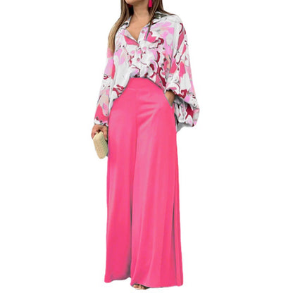 2026 spring new cross-border European and beautiful printed shirts with elegant temperament and wide-leg pants fashion casual suits