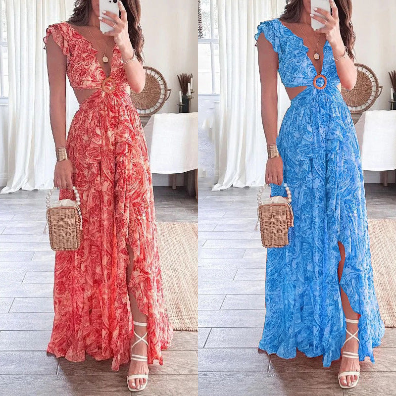 2025 Amazon New European and American Cross-border Women's Fashion Sexy Long Skirt V-Neck Printed Slit European and American Dress