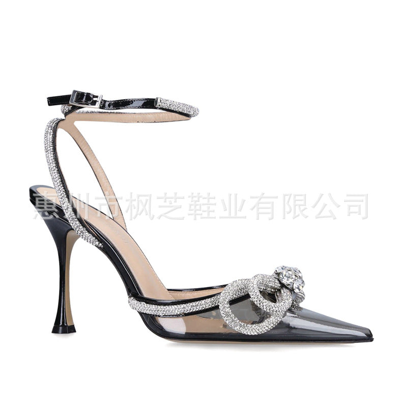 Transparent bow rhinestone high heel sandals pointed toe stiletto heels fashion European and American cross-border European and American style