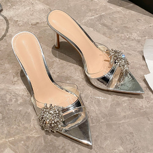 YX2026 New Silver Pointed Toe Rhinestone Strap Sandals Women's Stiletto Open Toe High Heel Half Slippers Wear Fashionably Outside