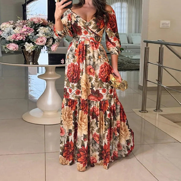 Amazon 2026 New European Beauty Foreign Trade Elegant Fashion Temperament Printed Lace-up V-Neck Large Swing Dress Women