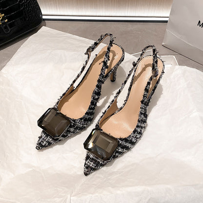 YX stiletto heel French small fragrant style toe toe sandals for women 2026 autumn new temperament pointed back hollow single shoes tweed