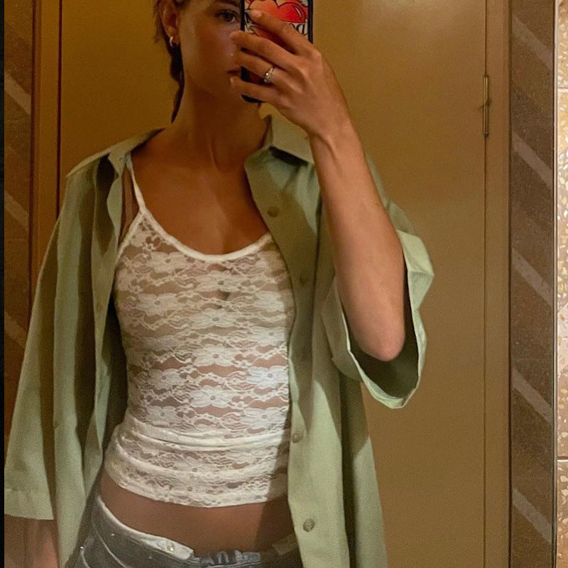 European and American hot girl fashion plum blossom shape lace large U-neck suspender niche sexy see-through slim top wholesale