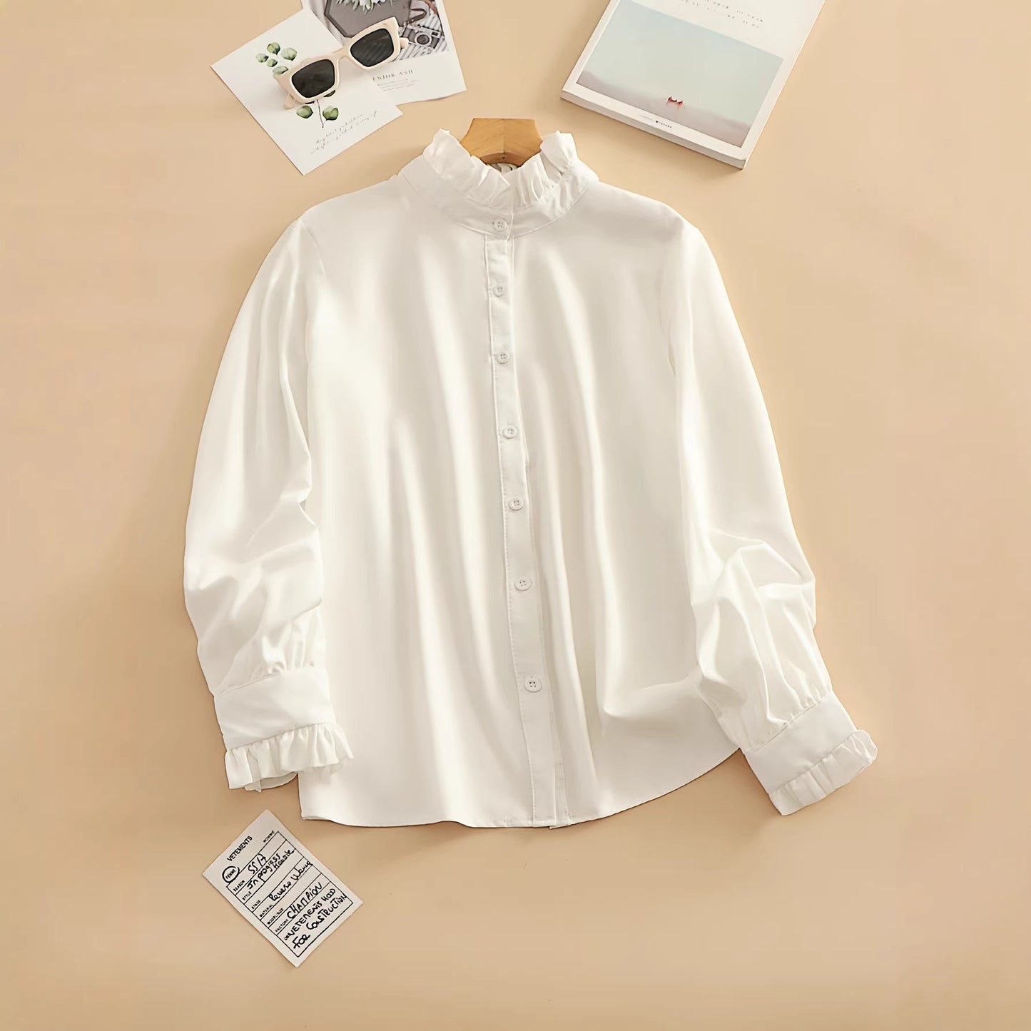 2026 New Cross-border European and American Simple Ruffle Shirt, Collar Long Sleeve, Plus Size Shirt, Spring/Summer Versatile Casual Business Style