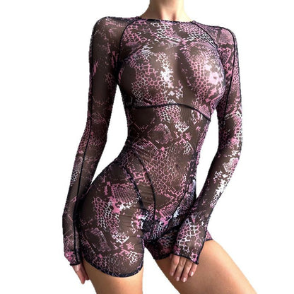 Foreign Trade Wholesale 2025 Summer New European and American Clothing Hot Girl Style Sexy Backless Mesh Print Sheer Jumpsuit