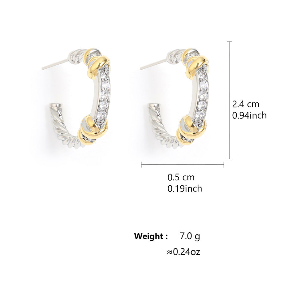 European and American gold and silver two-tone twisted C-ring earrings, slightly inlaid zircon half-ring earrings, cross-border light luxury color-block twisted studs