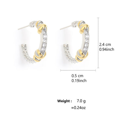 European and American gold and silver two-tone twisted C-ring earrings, slightly inlaid zircon half-ring earrings, cross-border light luxury color-block twisted studs