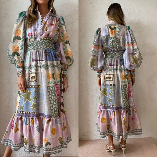 2026 AliExpress European and American New Women's Temperament Commuter Print Painted Long Sleeve Fashion Large Swing European and American Dress