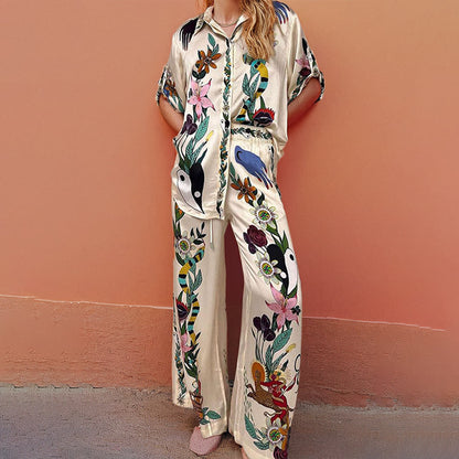 2026 spring new cross-border independent station European and American casual shirts trousers loose printed fashion suit women