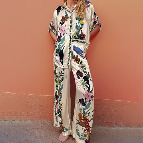 2026 spring new cross-border independent station European and American casual shirts trousers loose printed fashion suit women