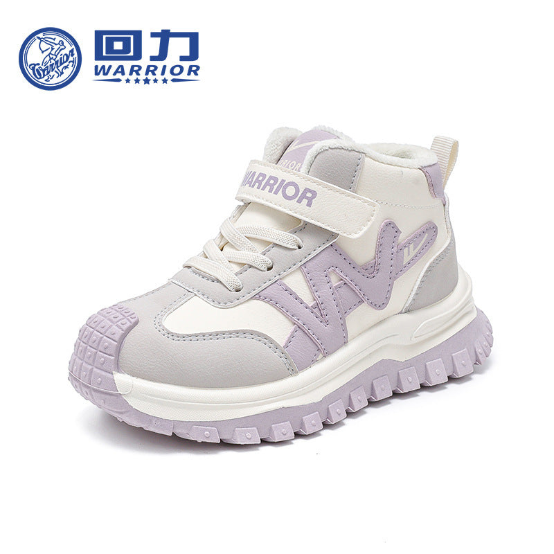 Huili fashion and versatile color-blocking two cotton shoes, children's Velcro, easy to put on and take off, casual sneakers, fleece warm shoes