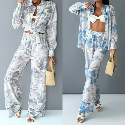 Cross-border 2026 spring European and American style women's clothing ins commuter temperament shirt wide-leg pants casual two-piece set