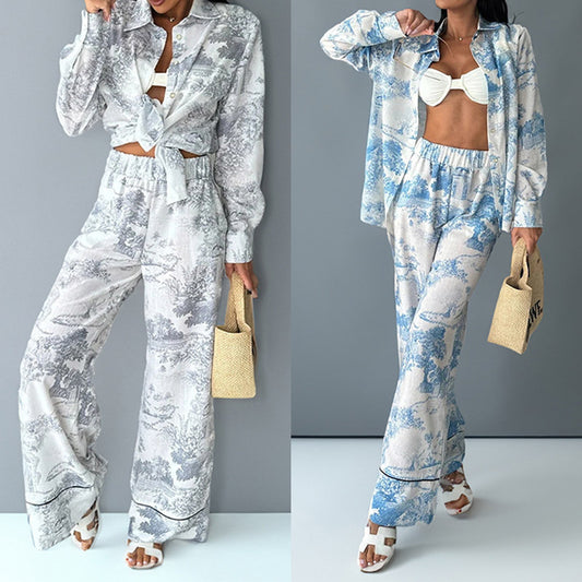 Cross-border 2026 spring European and American style women's clothing ins commuter temperament shirt wide-leg pants casual two-piece set