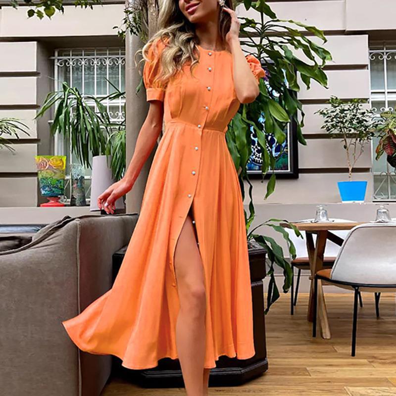 Cross-border Amazon new 2026 European and American women's clothing temperament commuting high-waisted solid color fashion slit European and American dress