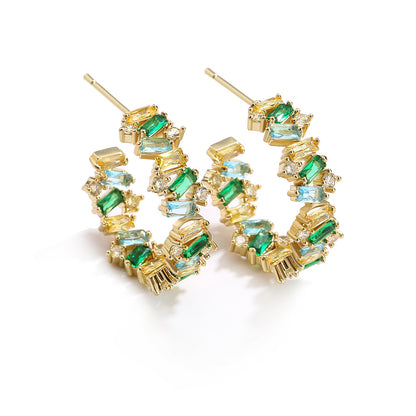 Fashionable commuting niche, high-end versatile C-shaped earrings, simple sweet and cool gemstone square zircon earrings, earrings for women