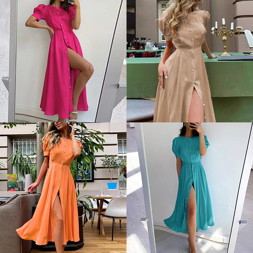 Cross-border Amazon new 2026 European and American women's clothing temperament commuting high-waisted solid color fashion slit European and American dress