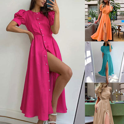 2026 spring new independent station cross-border European and American clothing solid color temperament high-waisted shirt sexy slit dress
