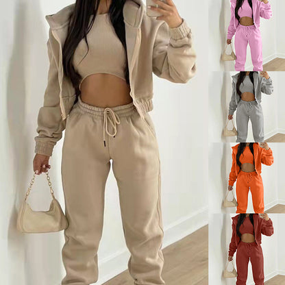 2026 Spring New Cross-border Women's AliExpress Solid Color Simple Hooded Sweatshirt Sports Leisure Pants Three-Piece Set